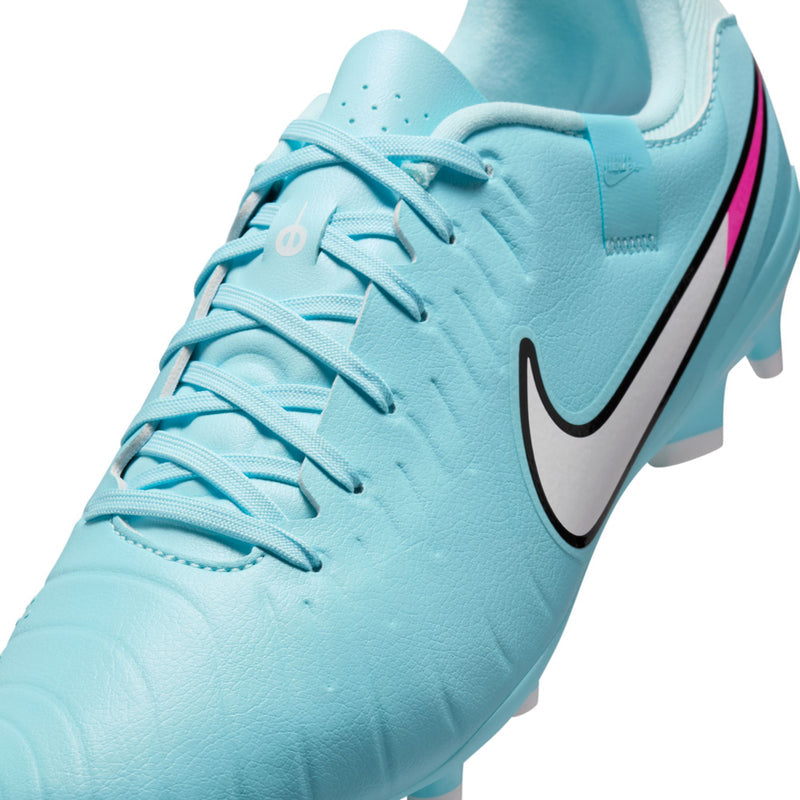 Men's light blue soccer cleat close-up, laces and black Nike swoosh