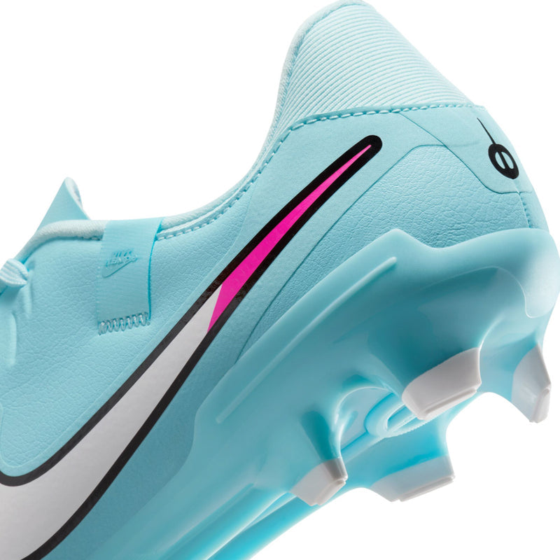 Men's light blue soccer cleat close-up, side panel with magenta stripe and MG sole