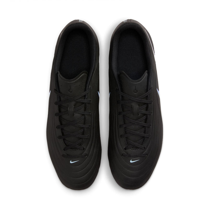 Black soccer cleats, front view with black laces and light blue Nike logo