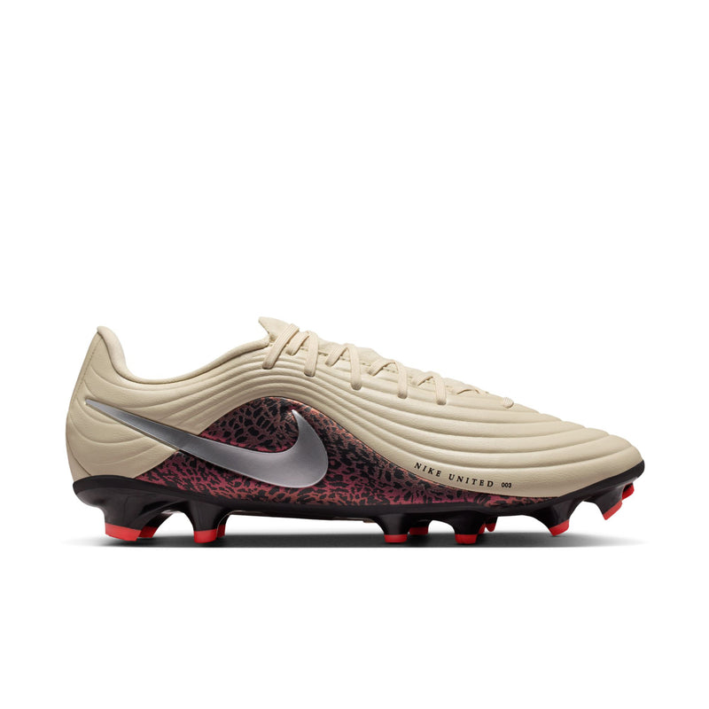 Men's soccer cleat in cream with Nike swoosh, burgundy leopard collar, red FG studs