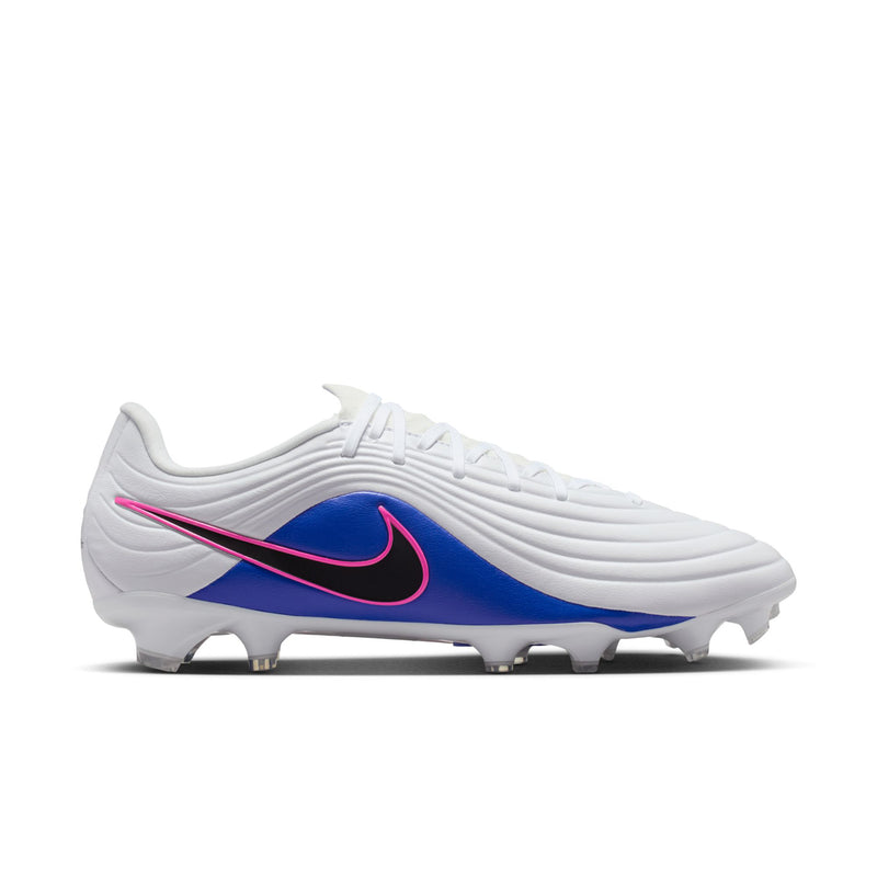Men's white soccer cleats with blue side panel, pink/black swoosh, and metal studs