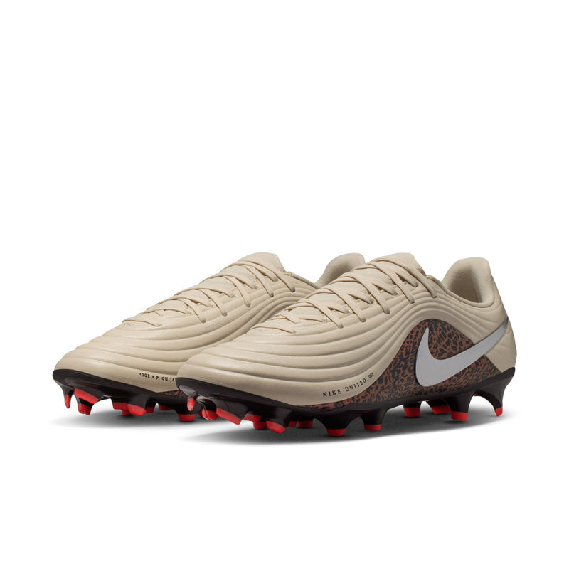 Men's soccer cleat, cream upper with dark burgundy leopard panel and red studs