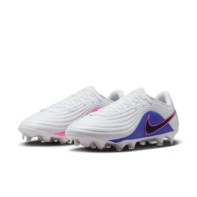 Men's white soccer cleats with blue heel area, pink/black swoosh, and outdoor studs