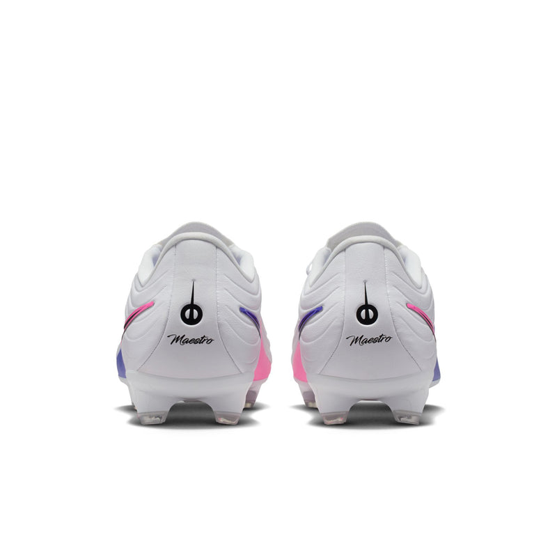 Men's white soccer cleats with rear branding, pink accents, and metal-molded studs