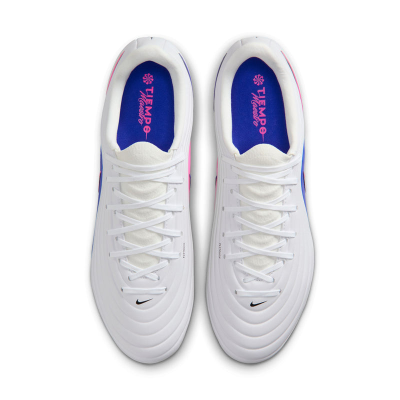 Pair of men's white lace-up soccer cleats with blue inner lining and swoosh logo