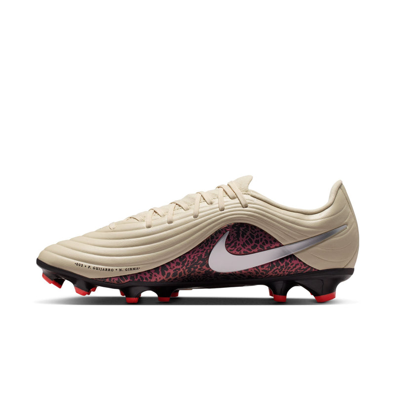 Men's soccer cleat side view, cream upper with burgundy leopard panel and red studs