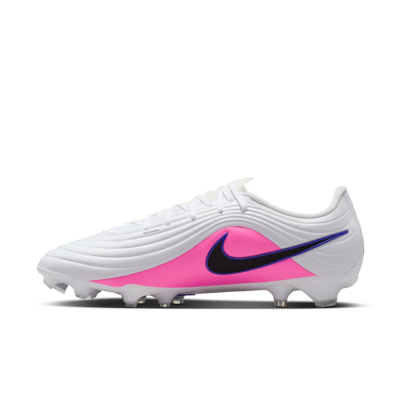 Men's white soccer cleats with pink midfoot stripe, black swoosh, and screw-in studs