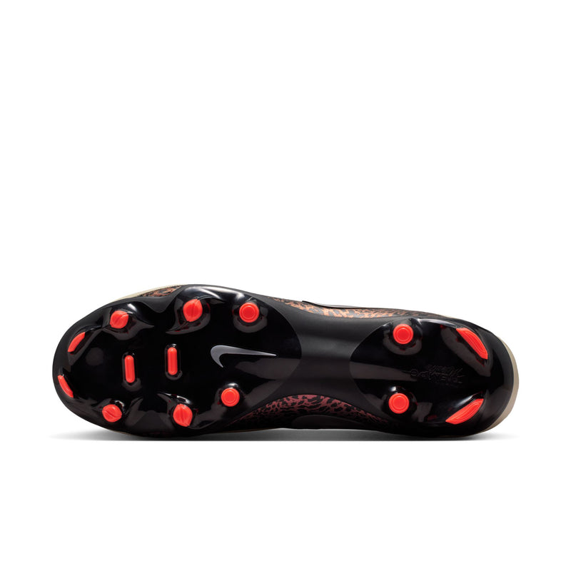 Bottom view of men's soccer cleat: black sole with red studs and leopard accents