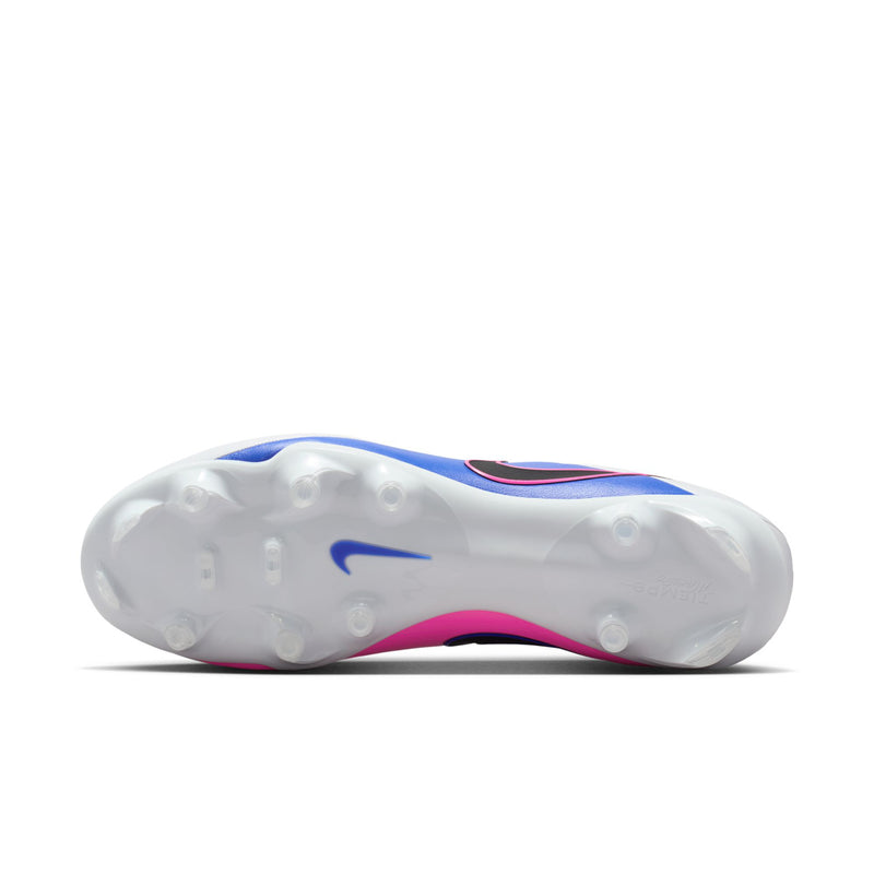 Men's white soccer cleats sole with round studs, blue logo, and pink trim