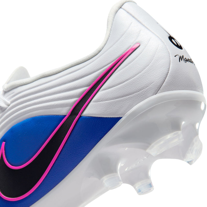 Close-up men's white soccer cleats with blue sole edge and pink/black swoosh detail