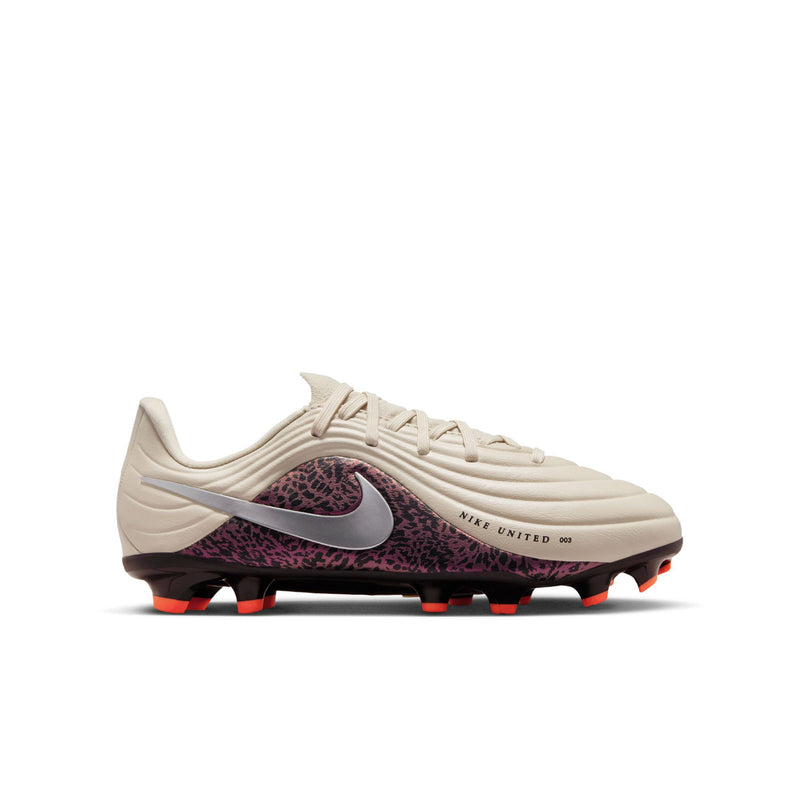 Youth soccer cleats with cream upper, burgundy leopard panel, silver swoosh, orange studs