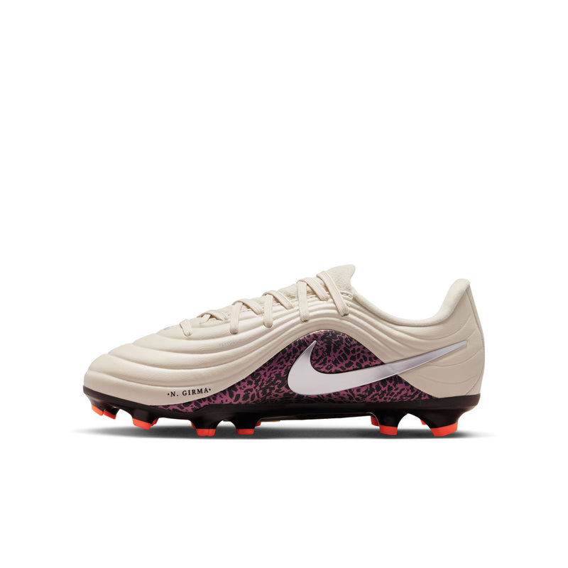 Youth soccer cleats side view: cream leather-textured upper, burgundy leopard detail, orange studs