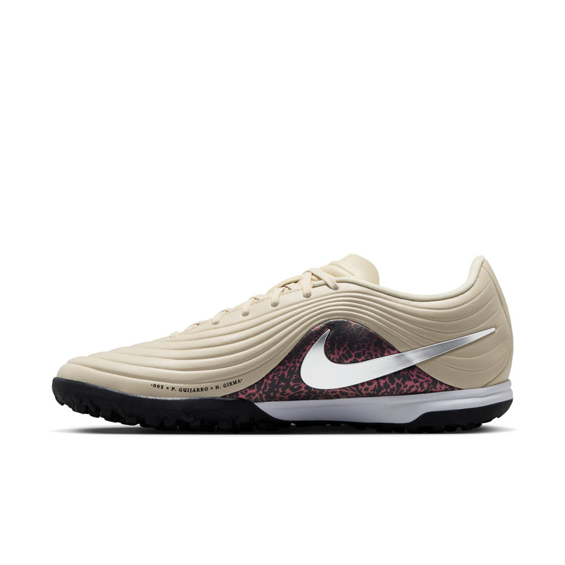 Beige Nike Tiempo Maestro TF turf shoe, side profile with burgundy leopard print panel