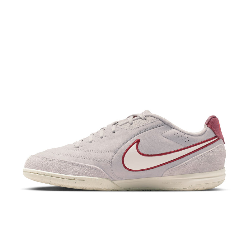 Men's low-top sneakers, light gray upper with red swoosh and off-white sole