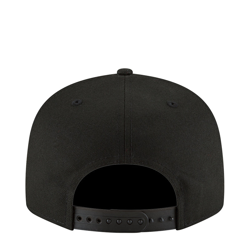 Black baseball cap back view with snapback strap holes