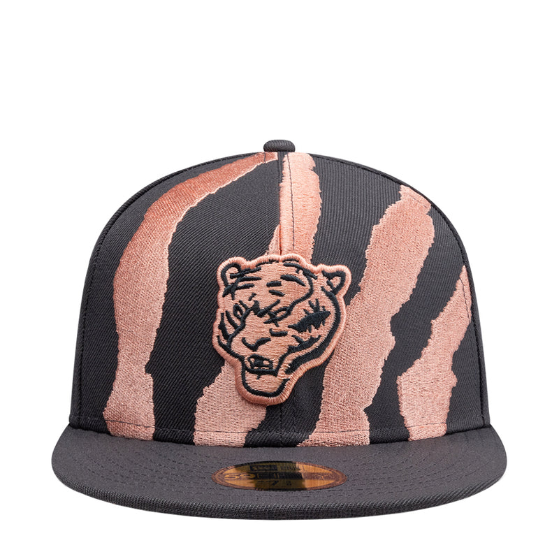 Dark grey snapback cap with coral tiger face patch and striped panels