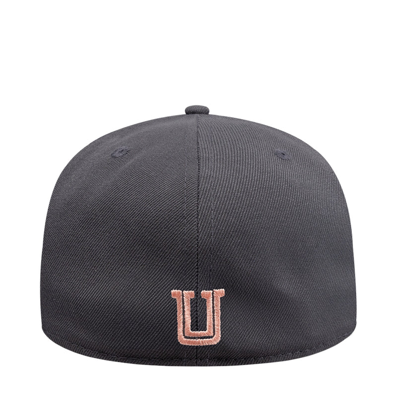 Dark grey snapback cap with coral U-shaped embroidered logo