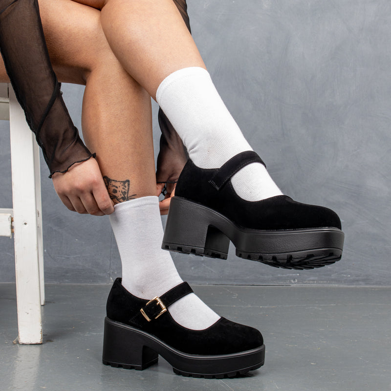 TIRA Black Mary Jane Shoes 'Suede Edition' - Mary Janes - KOI Footwear - Black Suede - Model Right View