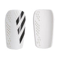 White slip-in shin guard with black diagonal logo and perforation dots, pair view