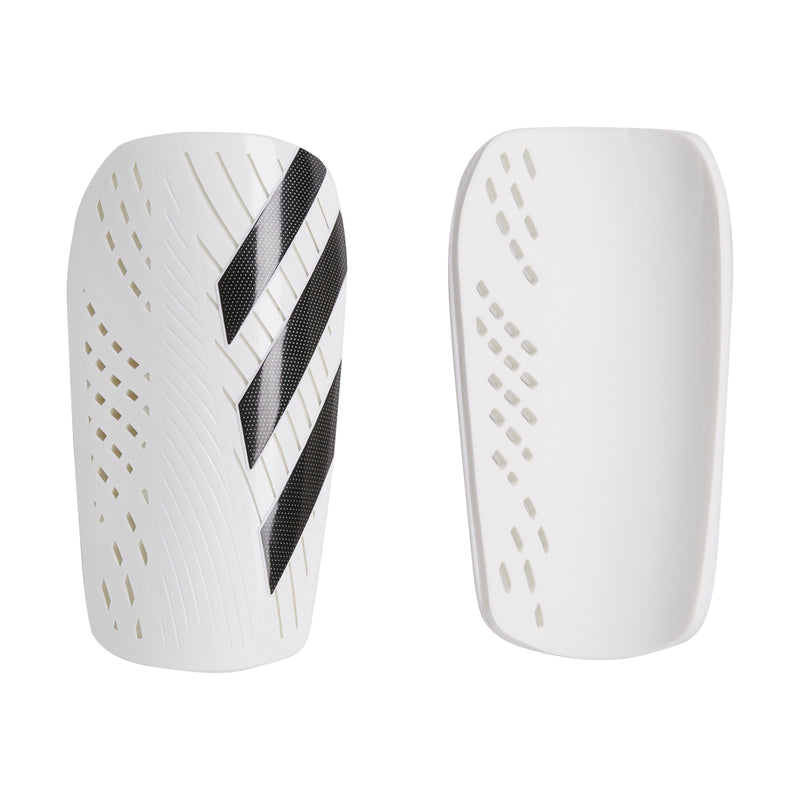 White slip-in shin guard with black diagonal logo and perforation dots, pair view