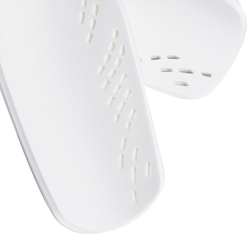 White slip-in shin guard front panel with perforated ventilation pattern, side view