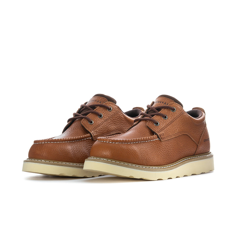 Men's tan leather lace-up low-top shoe, side and front view, padded collar
