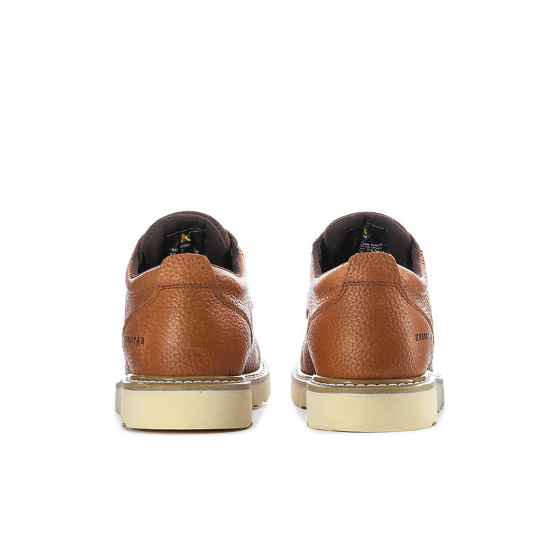 Men's tan leather low-top shoe heel, lace-up back view