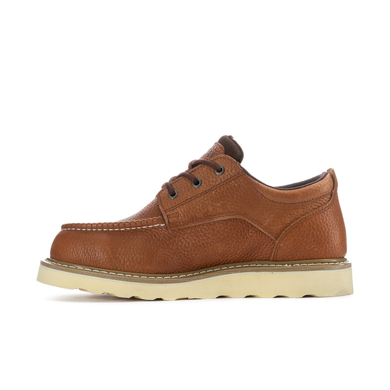 Men's tan leather low-top shoe, side view with lace eyelets