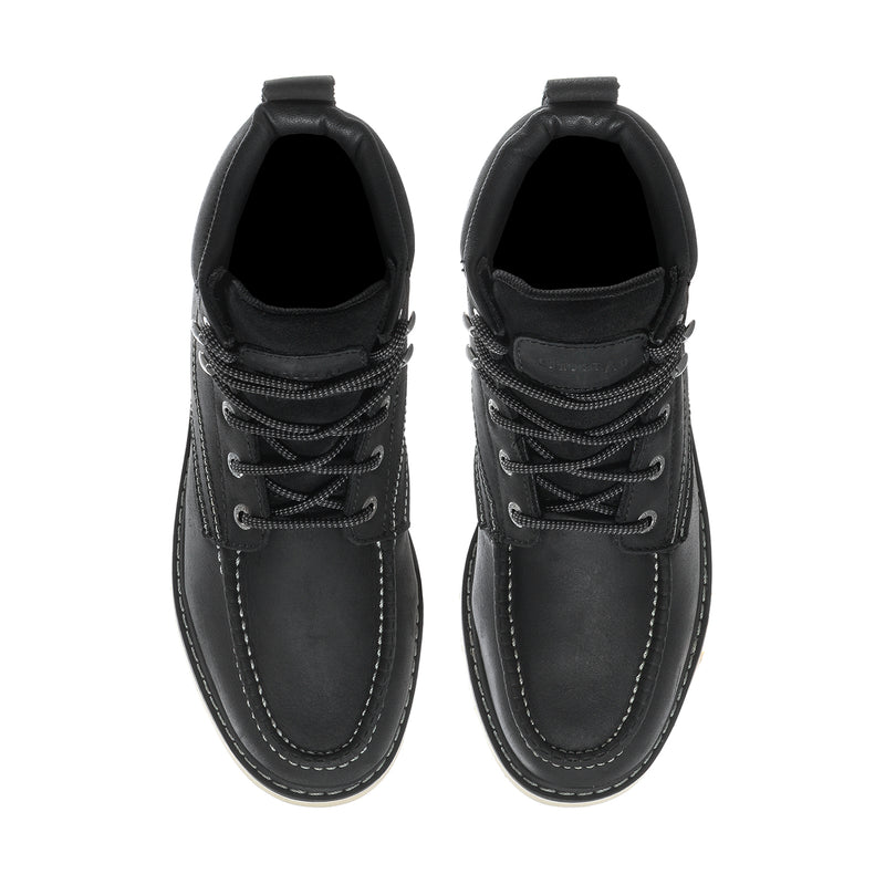 Men's black lace-up boots showing interior lining and stitched eyelet detail