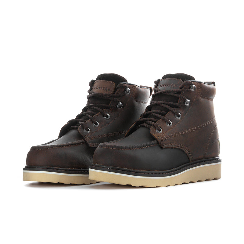 Pair of men's dark brown steel-toe lace-up work boots with beige rubber sole