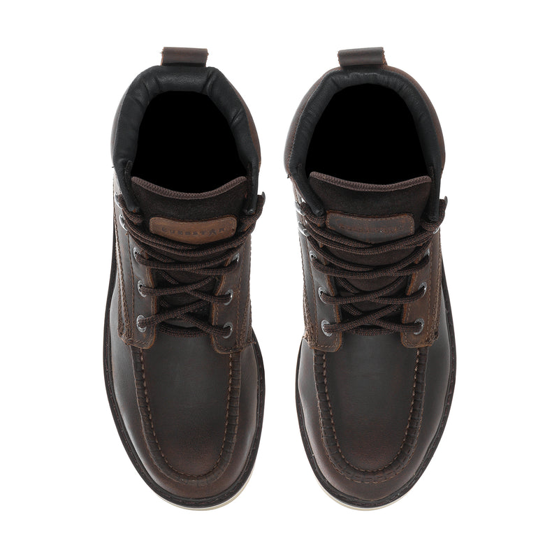 Men's dark brown steel-toe boots, showing black lining and padded collar
