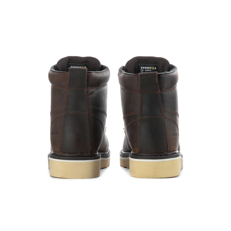 Men's dark brown steel-toe boots rear view with beige outsole and padded heel
