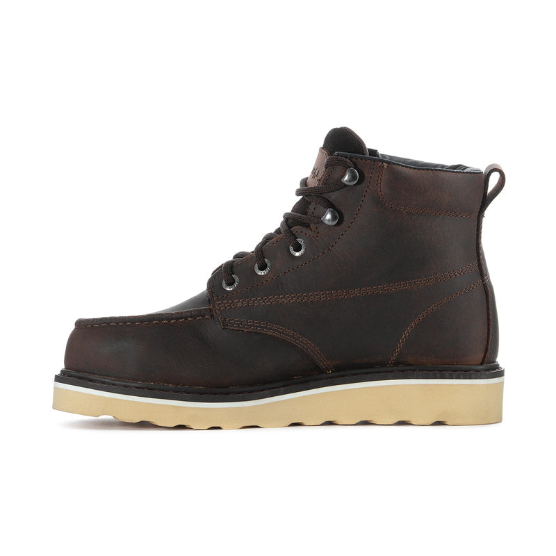 Men's dark brown steel-toe lace-up work boot side view with beige rubber sole