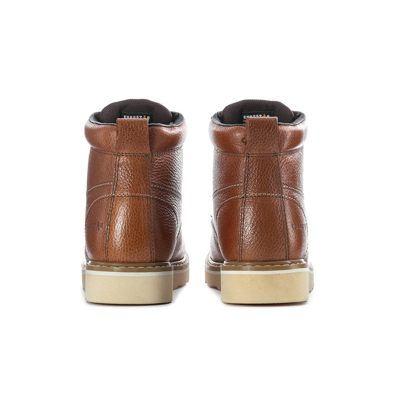 Men's tan leather lace-up ankle boots, rear view with cream rubber sole