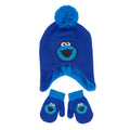 Toddler blue pom earflap beanie and mitten set with cookie monster face applique