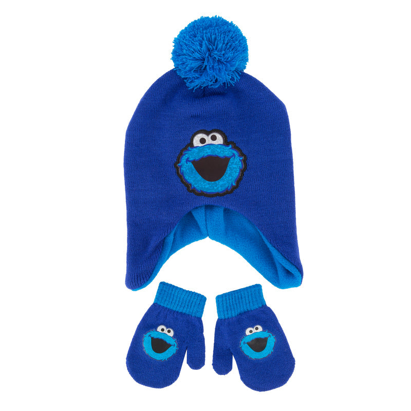 Toddler blue pom earflap beanie and mitten set with cookie monster face applique