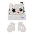 Toddler cream beanie and mitten set with cat face and paw prints