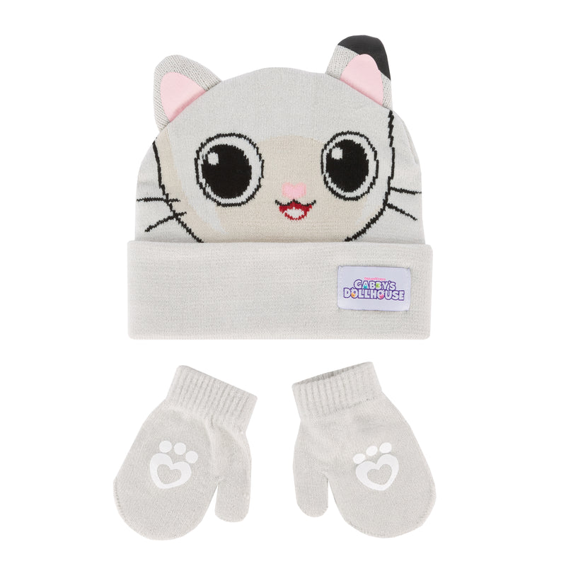 Toddler cream beanie and mitten set with cat face and paw prints