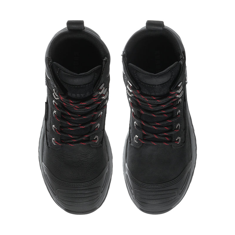 Men's black composite-toe work boots, front view with lace pattern and padded collar