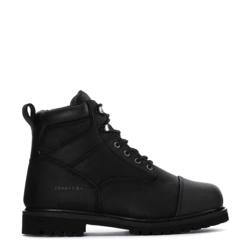 Black steel toe work boot, lace-up high ankle with padded collar
