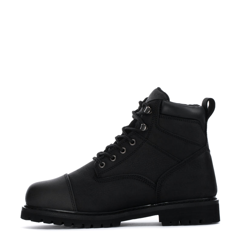 Black steel toe work boot, side profile with lace-up and ankle pull tab