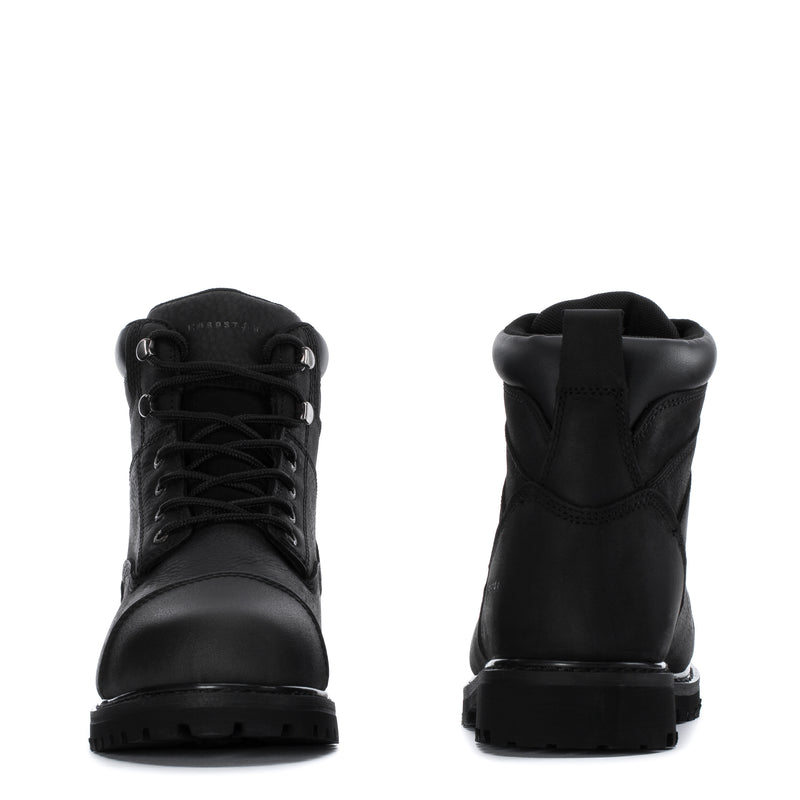 Black steel toe work boot, heel and tongue view with lace-up closure