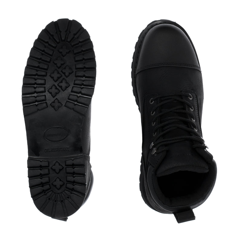 Black steel toe work boot, treaded outsole and rounded toe view