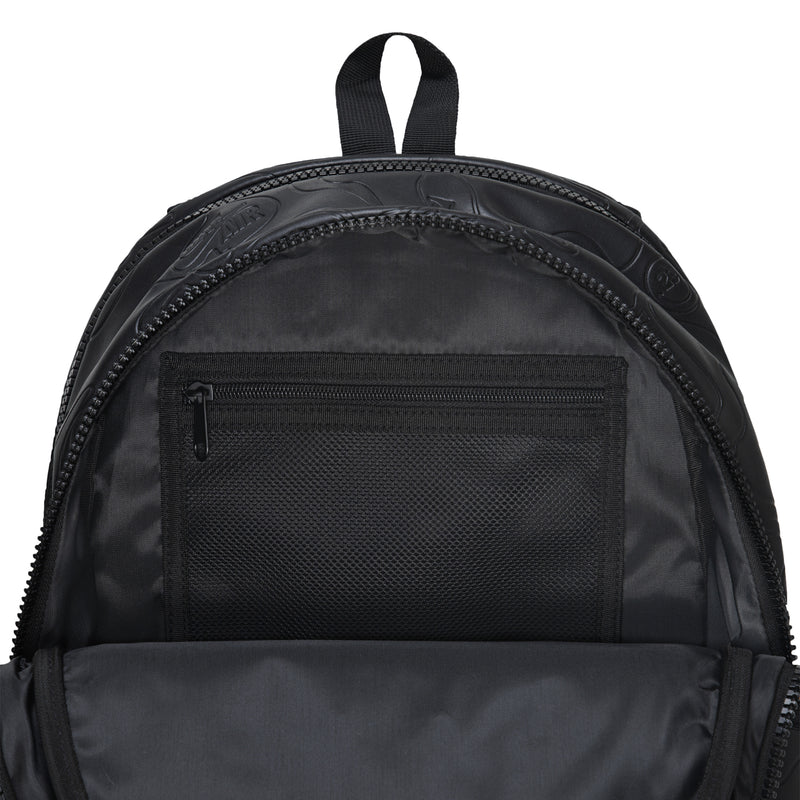 Black backpack main compartment interior with front mesh pocket panel