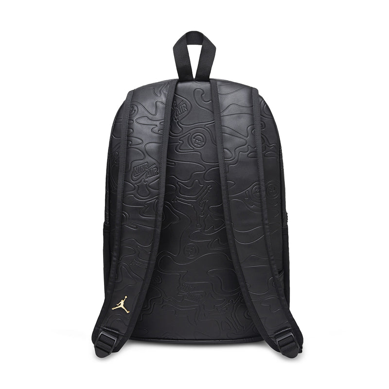 Black topographic backpack back view with adjustable padded shoulder straps
