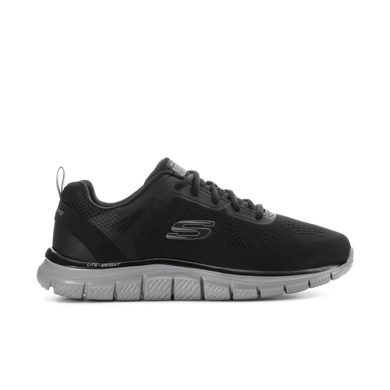 Men's wide black lace-up running shoes with mesh upper and chunky gray outsole
