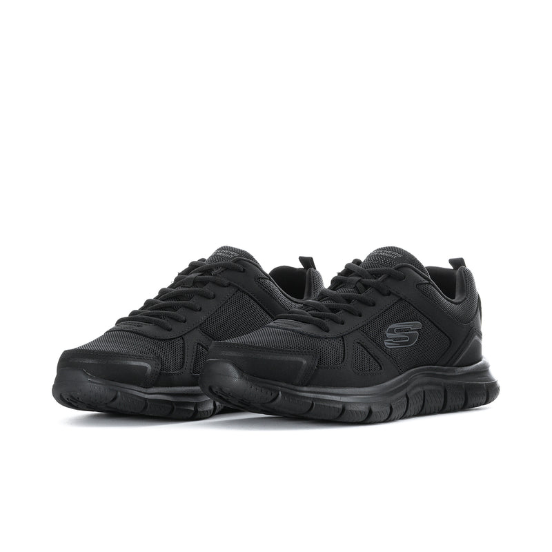 Men's black lace-up sport sneakers, side-by-side view with textured outsole