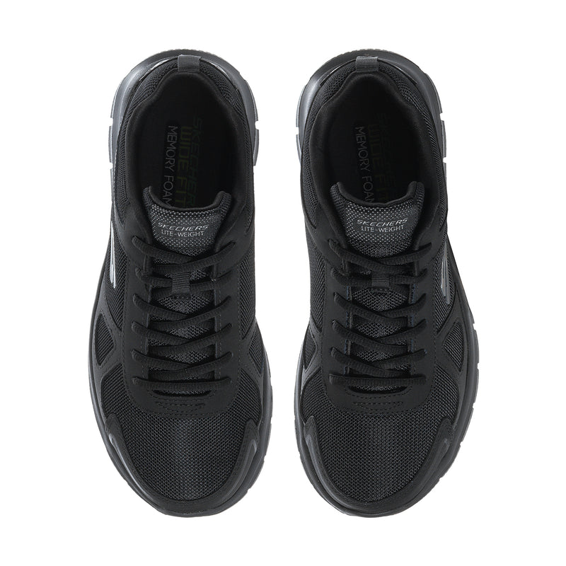 Men's black lace-up sneakers, top view of woven uppers and laces