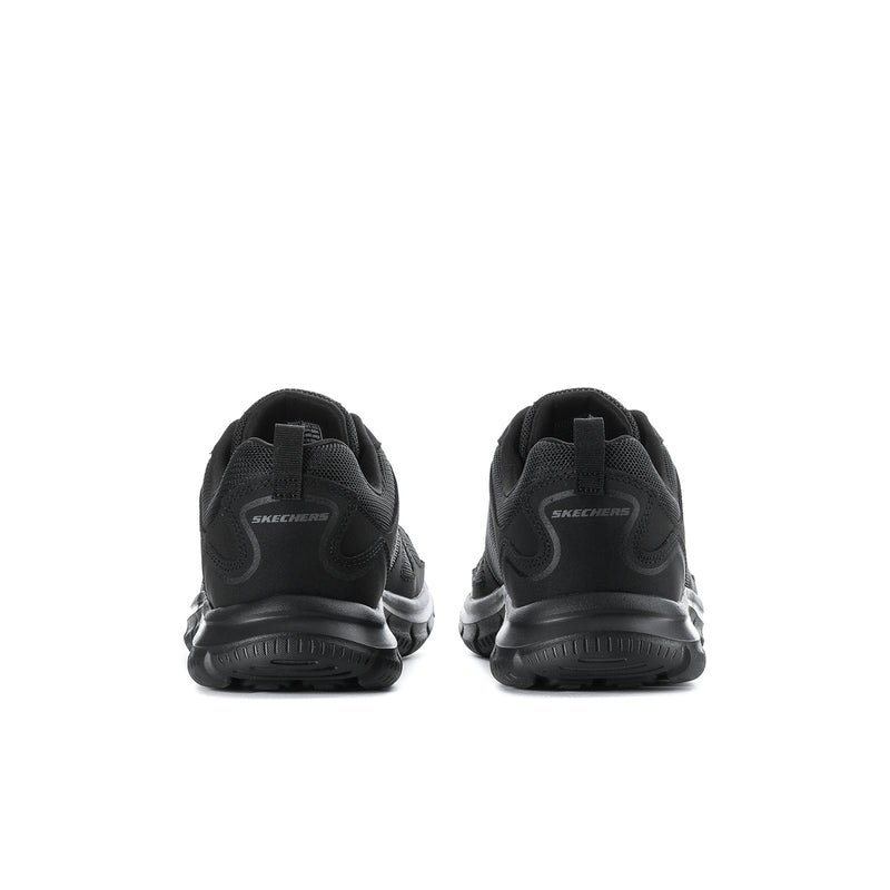 Men's black lace-up sneakers, heel and rear view with Skechers branding
