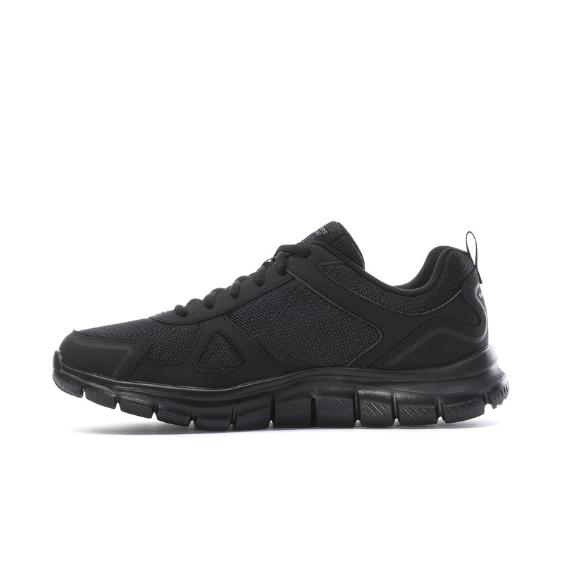 Men's black lace-up sport sneaker, front quarter view with padded collar